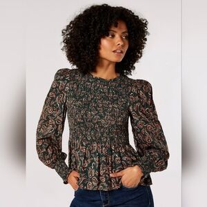 Highneck Smocked Puff Sleeve Top